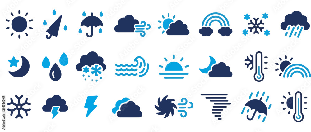 Fototapeta premium Set of blue and dark weather forecast icons for meteorological conditions with forecast meteorology temperature lightning umbrella droplets hurricane environment atmospheric condition