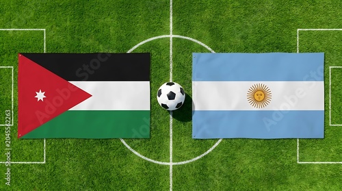 Flags of jordan and argentina on a soccer field with a football in the center, representing a match between the two countries