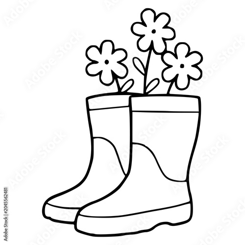 Photos artistic floral doodle with rubber boots and blooming flowers isolated on white
