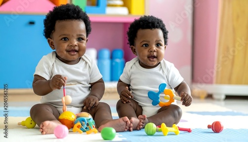 Two adorable, seated babies smiling, surrounded by colorful toys and furnishings in a bright, cheery room
