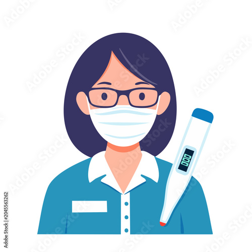 Person wearing face mask and holding thermometer