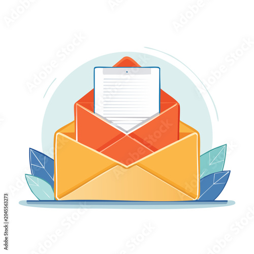 Open envelope with letter and leaves, flat design illustration