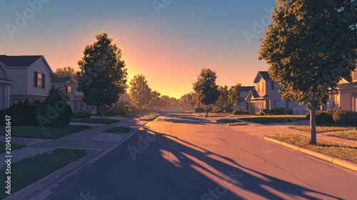 Picturesque Suburban Road with Houses and Pink Cloudy Sky, Charming Residential Neighborhood Painting Illustration