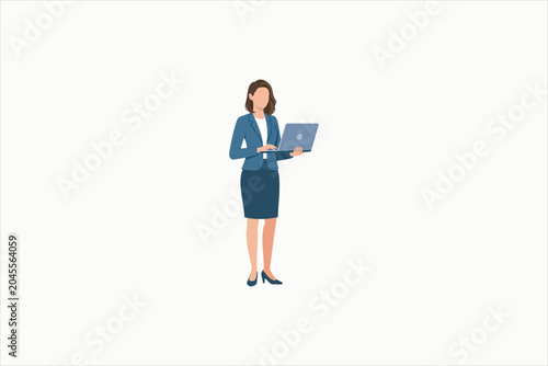 Bild auf Leinwand Professional businesswoman standing and working on a laptop, modern office employee in formal attire, corporate work, technology, communication, and productivity concept