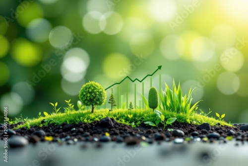Miniature plants growing on soil with a rising graph line symbolizing growth and sustainability.