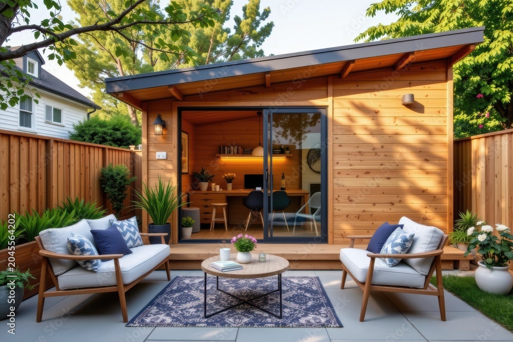 Fototapeta premium Cozy backyard patio with modern wooden shed, outdoor seating, and decorative plants in a fenced yard.