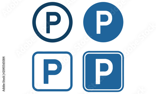 Four distinct blue and white parking sign icons featuring the letter p displayed in circular and rounded square shape designs