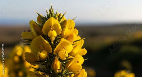 Close-up of vibrant yellow gorse flowers in a natural landscape.