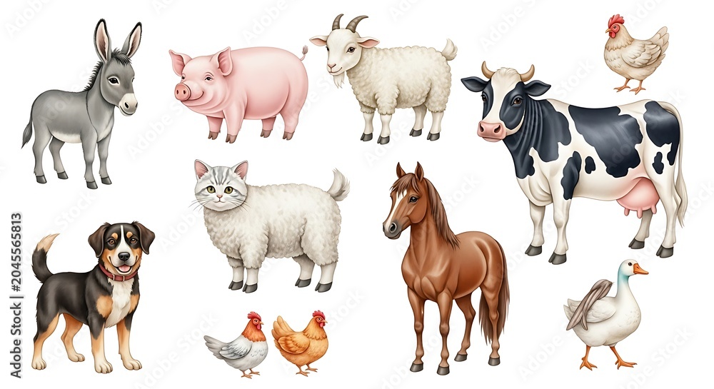 Fototapeta premium Collection of domestic farm animals on a white background