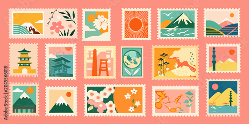 Tableau sur toile Vintage travel stamps collection retro style vector illustrations on a pink back