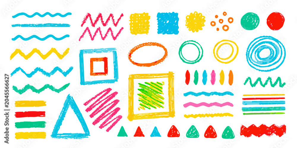 Fototapeta premium Colorful crayon scribbles and geometric shapes on a white background