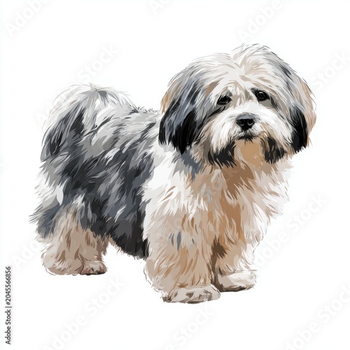 Adorable Lhasa Apso with Long White and Gray Fur Standing on White Background