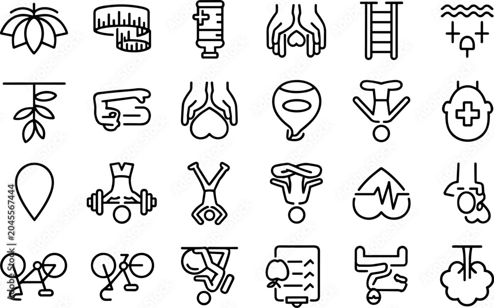 Fototapeta premium Collection of health and wellness line art icons representing various activities and concepts