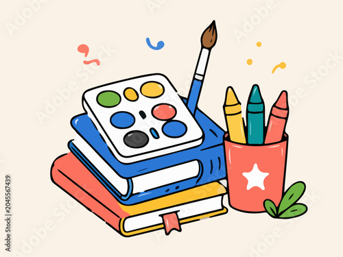 Creative Art Class Supplies With Paint Palette Books And Crayons In School Illustration