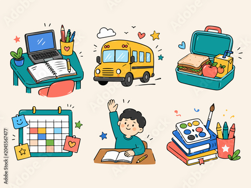 Back To School Mini Icon Set With Laptop Bus Lunch Box Student And Classroom Supplies Illustration