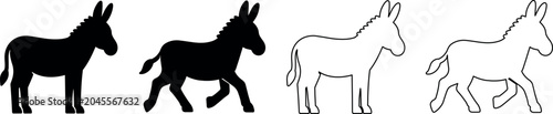 Foto Set of donkey silhouettes in black and white, standing and walking