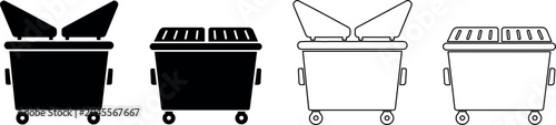 Set of dumpster icons in solid black and outline styles