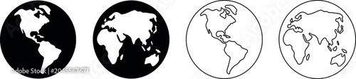 Quadro su tela Collection of stylized Earth globes in black and white, representing continents