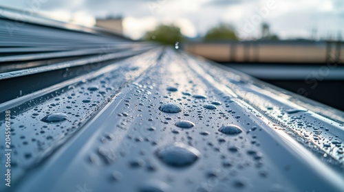 Rain repelling treatment demo metal roofing material hydrophobic coating water beads sliding treated surface industrial weatherproof protection macro angle
