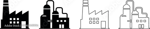 Industrial factory building icons representing manufacturing and production processes