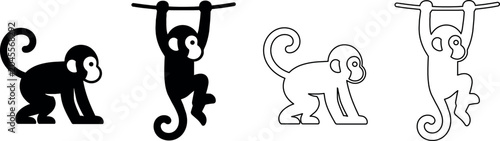 Photography Set of stylized monkey icons in silhouette and outline styles