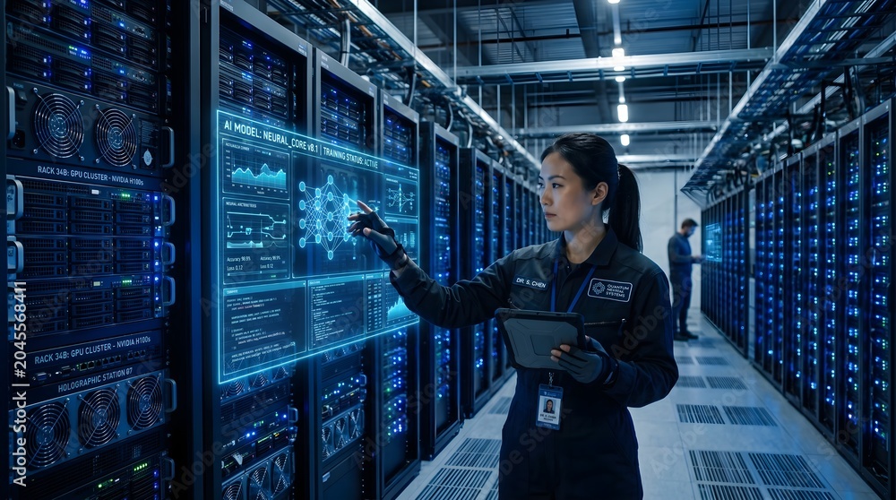 Fototapeta premium Female IT Engineer Managing AI Powered Data Systems