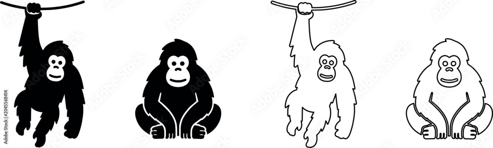 Fototapeta premium Cute cartoon orangutan icons in silhouette and outline styles