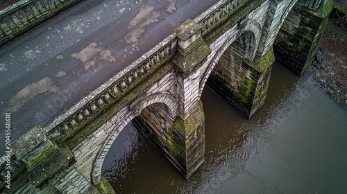 Historic American stone bridge buttress supports aerial view showcasing weathered masonry arch construction and structural engineering details