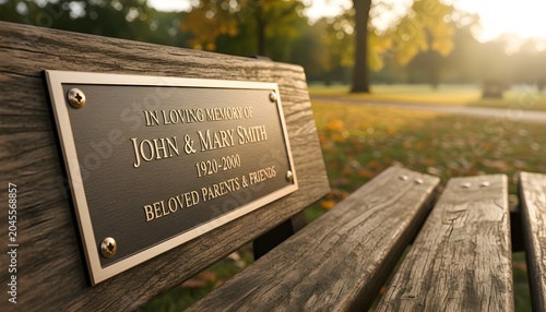 Metal memorial plaque mounted on a wooden cemetery bench in a peaceful park during warm sunset, representing remembrance, grief, and legacy concept