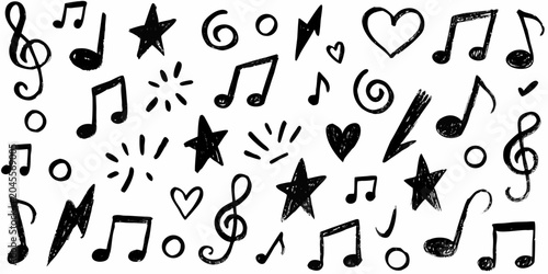 Obraz na płótnie Hand drawn Musical Symbols And Stars Black On White Background