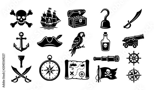 Pirate silhouette icon set with skull treasure ship and adventure symbols vector collection