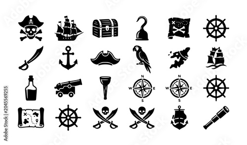 Classic pirate symbol silhouette icons with ship skull cannon and treasure elements vector collection
