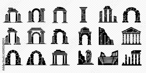 Tableau sur toile Ancient Roman and Greek architecture ruins vector silhouettes set, including arches, columns, and temples, depicting historical structures and archaeological sites