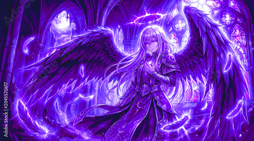 Mystical Angel with Glowing Purple Wings and Halo in Ethereal Fantasy Setting