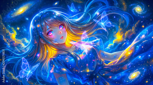 Anime Girl with Flowing Hair Surrounded by Stars and Galaxies in Cosmic Space