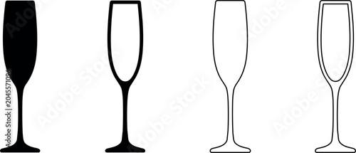 Photos Collection of four champagne flute outlines and silhouettes on white background