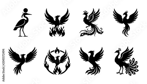 Bild auf Leinwand Phoenix Icon Set, Mythical Bird Graphics, Fiery Symbol Vector Collection
