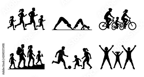 Bild auf Leinwand Family Fitness Silhouettes: Running, Yoga, Cycling, Hiking, Soccer, Exercise