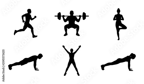 Fitness Silhouettes: Running, Weightlifting, Yoga, Push-ups, Jumping Jacks