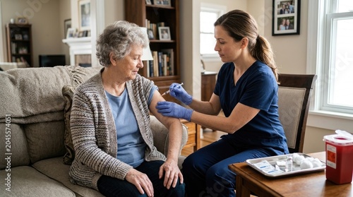 A healthcare nurse administers a vaccine to an elderly woman seated on a sofa. The nurse wears a blue uniform and gloves, while the woman appears calm and attentive.