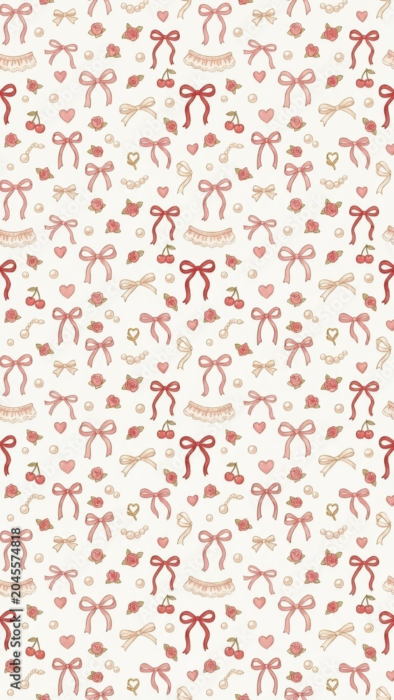 Obraz premium Coquette Bows and Cherries Seamless Pattern