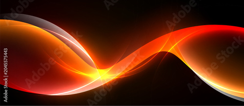 Foto Bright orange, red light curves flow against black background