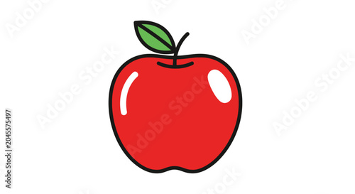 Vibrant red apple vector illustration with green leaf isolated on white