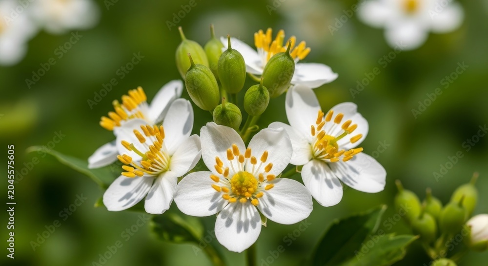 Obraz premium Close-up of delicate white water crowfoot flowers with yellow centers.