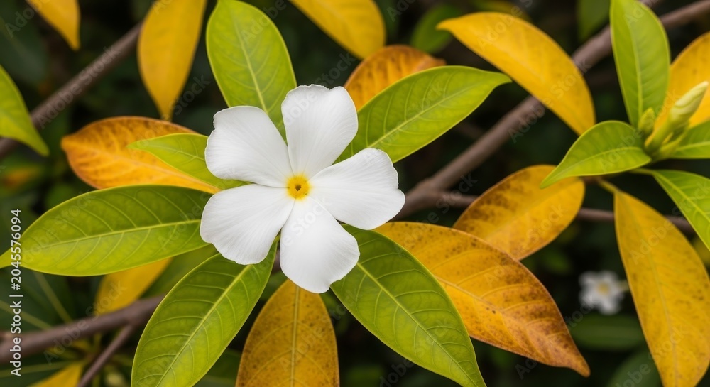 Fototapeta premium Elegant white flower amidst vibrant green and yellow leaves.