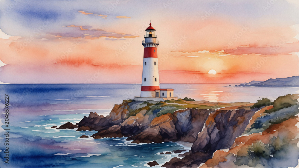 Fototapeta premium Lighthouse standing on rocky cliff during sunset coastline