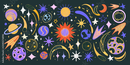 Cuadro en lienzo Cosmic Scene With Planets Stars And Comets Vector Illustration