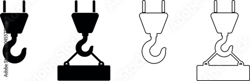 фотографія Set of crane hook icons in solid black and outline styles for lifting heavy load