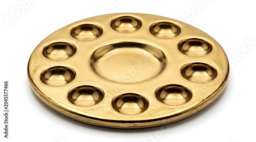 Gold Paint Palette On White Solid Background, Artistic Tool For Painters, Elegant Art Accessory For Creative Work, Studio, And Color Mixing