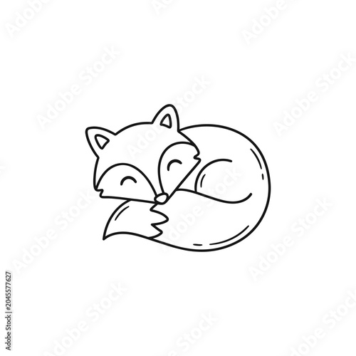 Sleeping Fox Cartoon Line Drawing.